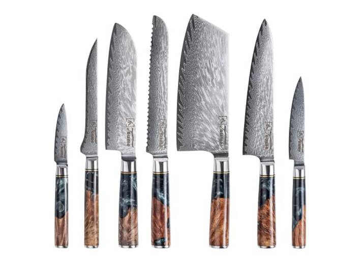 Tsume Profi Set Onyx, Messerset mit 7 Premium Küchenmessern, Echte Damast Küchenmesser, 67 Schichten VG10 Edelstahlkern mit schwarz-weißem Kunstharz und Holz Handgriffen, Rasiermesserscharfe Premium