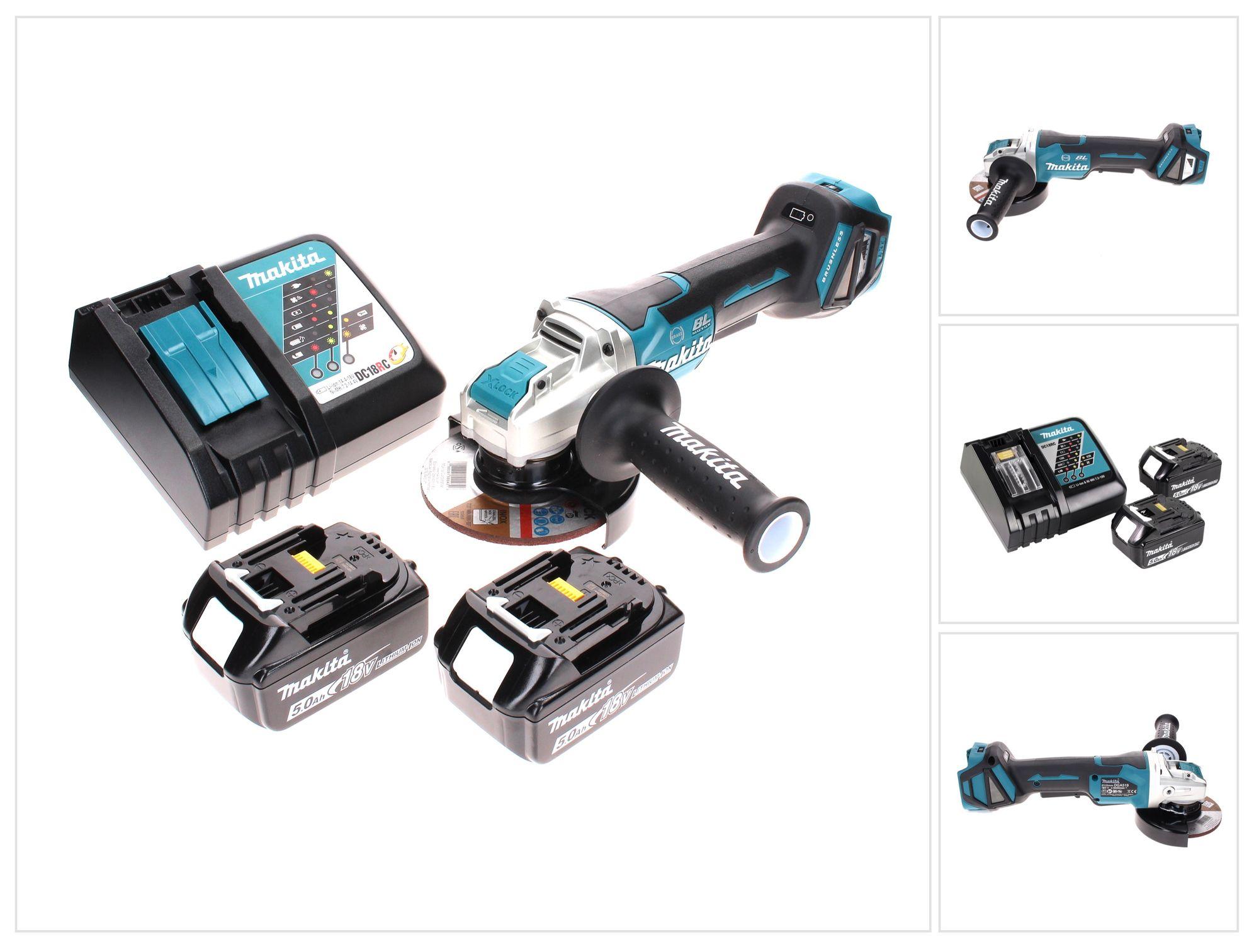 Makita DGA 519 RT Akku Winkelschleifer 18 V 125 mm Brushless X-Lock + 2x Akku 5,0 Ah + Ladegerät
