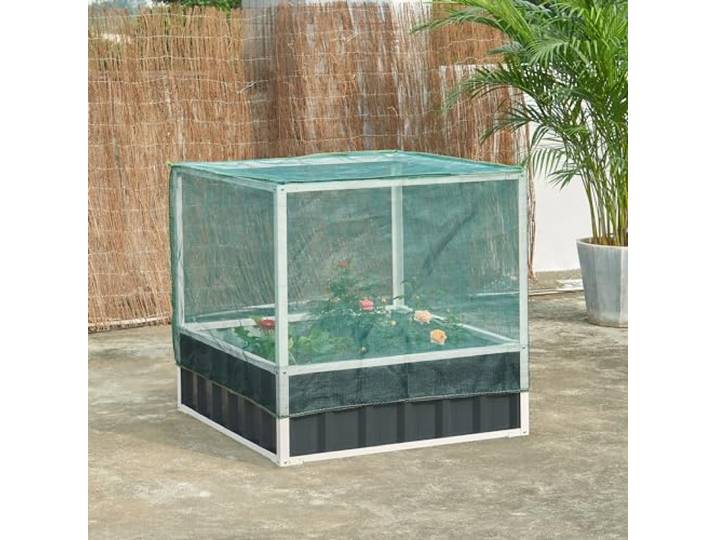[en.casa] Hochbeet Alblasserdam Blumenbeet mit Abdeckung 90 x 90 x 88 cm Gartenbeet mit Netz Handschuhe Gewächshaus für Garten Metall Kräuterbeet Anthrazit