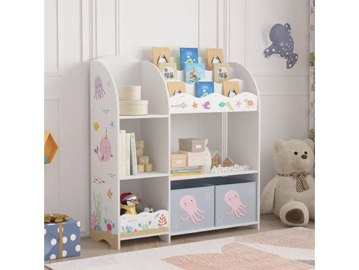 [en.casa] Kinderregal Lysekil Bücherregal für Kinder mit 2 Aufbewahrungsboxen Spielzeugregal 100 x 93 x 30 cm Spielzeug Aufbewahrung Ozean Motiv