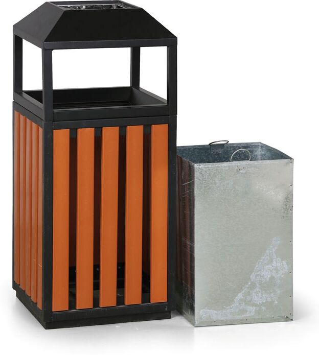 B2B Partner Mülleimer mit Aschenbecher für draußen, 400 x 400 x 950 mm, schwarz / Holzekor
