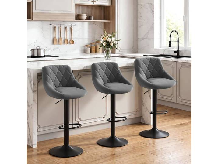 Tabouret de bar en velours gris foncé - WOLTU - Lot de 3 - Hauteur réglable - Siège pivotant à 360° - Avec dossier