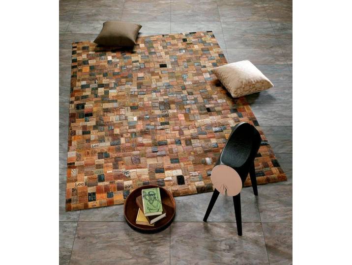 Lederteppich OCI DIE TEPPICHMARKE Labelstar Gr. 1, bunt (multi, braun), B:70cm H:10mm L:140cm, Leder, Teppiche, Lederteppich, echtes Leder, UNIKAT, handgenäht, Patchwork aus Leder Jeanslabel