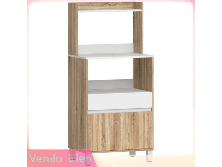 LIA Meuble Micro-Ondes Buffet Cuisine avec Tiroir 2 Portes à Fermeture Douce Plan de Travail et Étagères Ouvertes Chêne