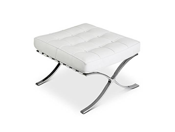 NEUERRAUM Bequemer Fußhocker, Beistellhocker, Lederhocker, Sitzhocker, Hocker mit Kissen, Fuß Edelstahl poliert. Gewicht 12 kg. Abbildung in (Echt-) Leder Weiß.
