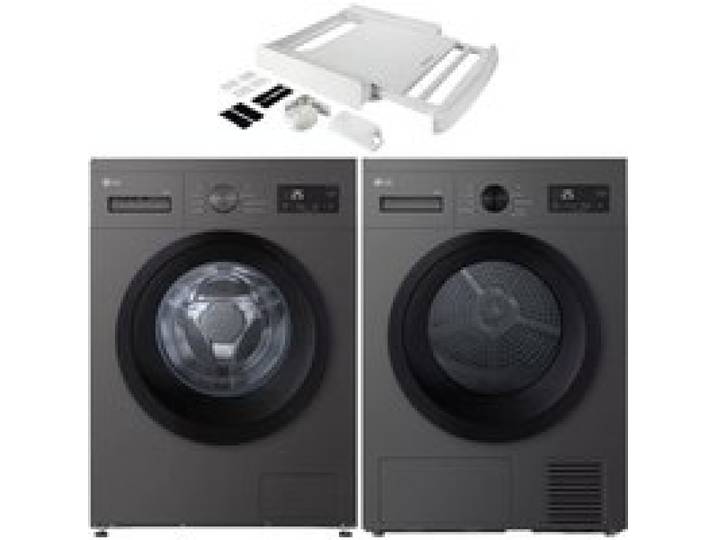 PACK LG Lave-linge hublot 9kg 1400trs/min + Sèche-linge Pompe à chaleur 8kg + Kit de superposition