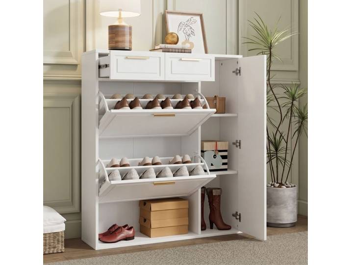 Meuble à chaussures 95 x 24 x 107 cm en panneaux de particules blanc avec tiroirs et trappes
