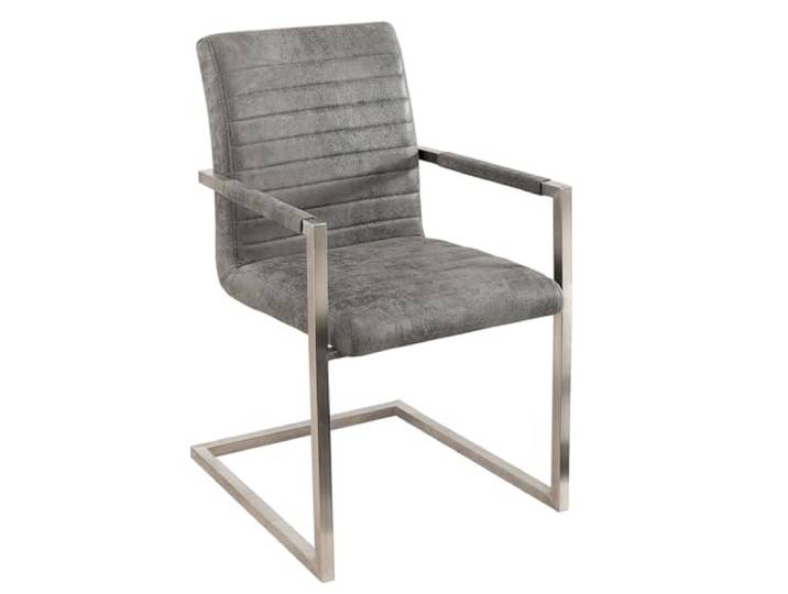 invicta INTERIOR riess-Ambiente Freischwinger Stuhl LOFT Vintage grau mit gepolsterten Armlehnen und Edelstahlgestell Esszimmer Stuhl Esstischstuhl Microfaserstuhl