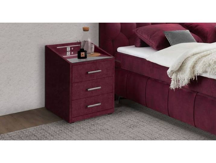 Polsternachttisch Bethany Microvelours H 61cm mit LED-Beleuchtung und USB-Anschluss H:61cm/B:47cm/T:46cm Rot Beleuchtung Schubkasten