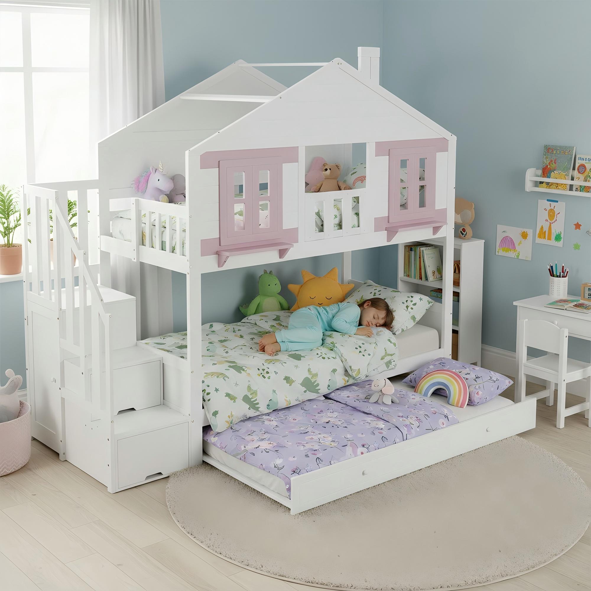 Abrihome Etagenbett 90x200cm mit Ausziehbett, Kinderbett Hochbett mit Treppe, Rausfallschutz und Stauraum, Weiß