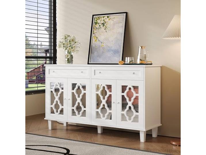 Merax Sideboard 140x40x83cm, mit 4 Spiegeltüren, verstellbaren Böden & Kristallgriffen – für Wohnzimmer, Weiß