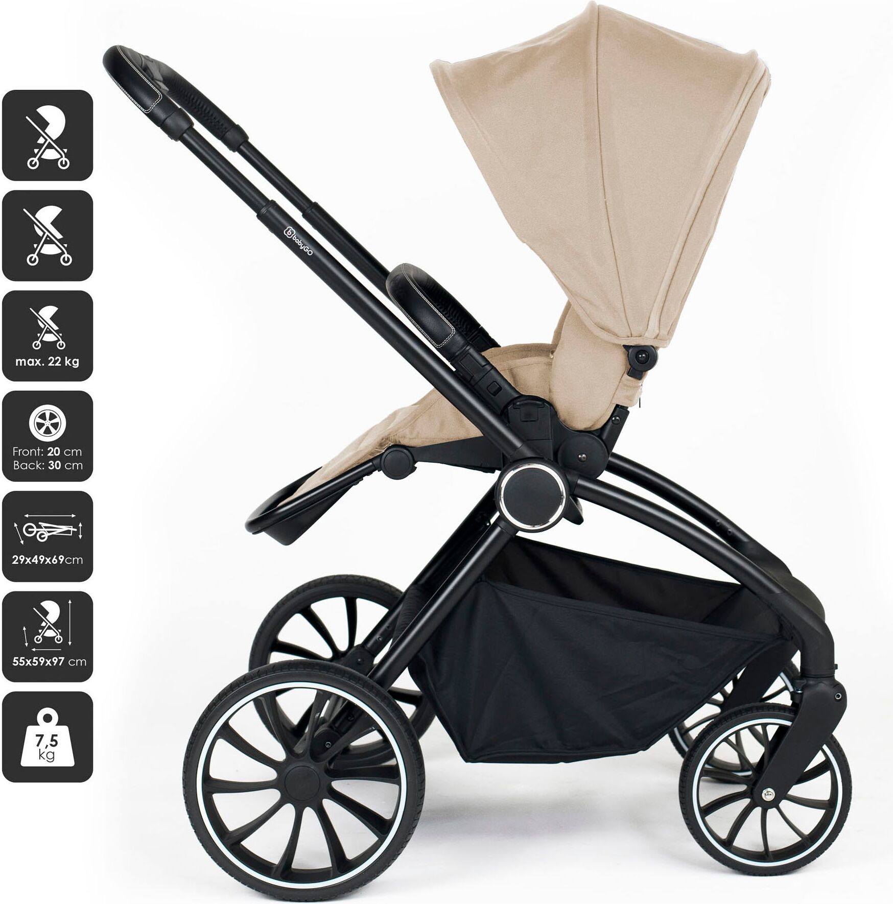 Kombi-Kinderwagen BABYGO "Harmony 3in1", Kinder, beige, Aluminium, Polyester, Kinderwagen, inkl. Babyschale mit Adaptern