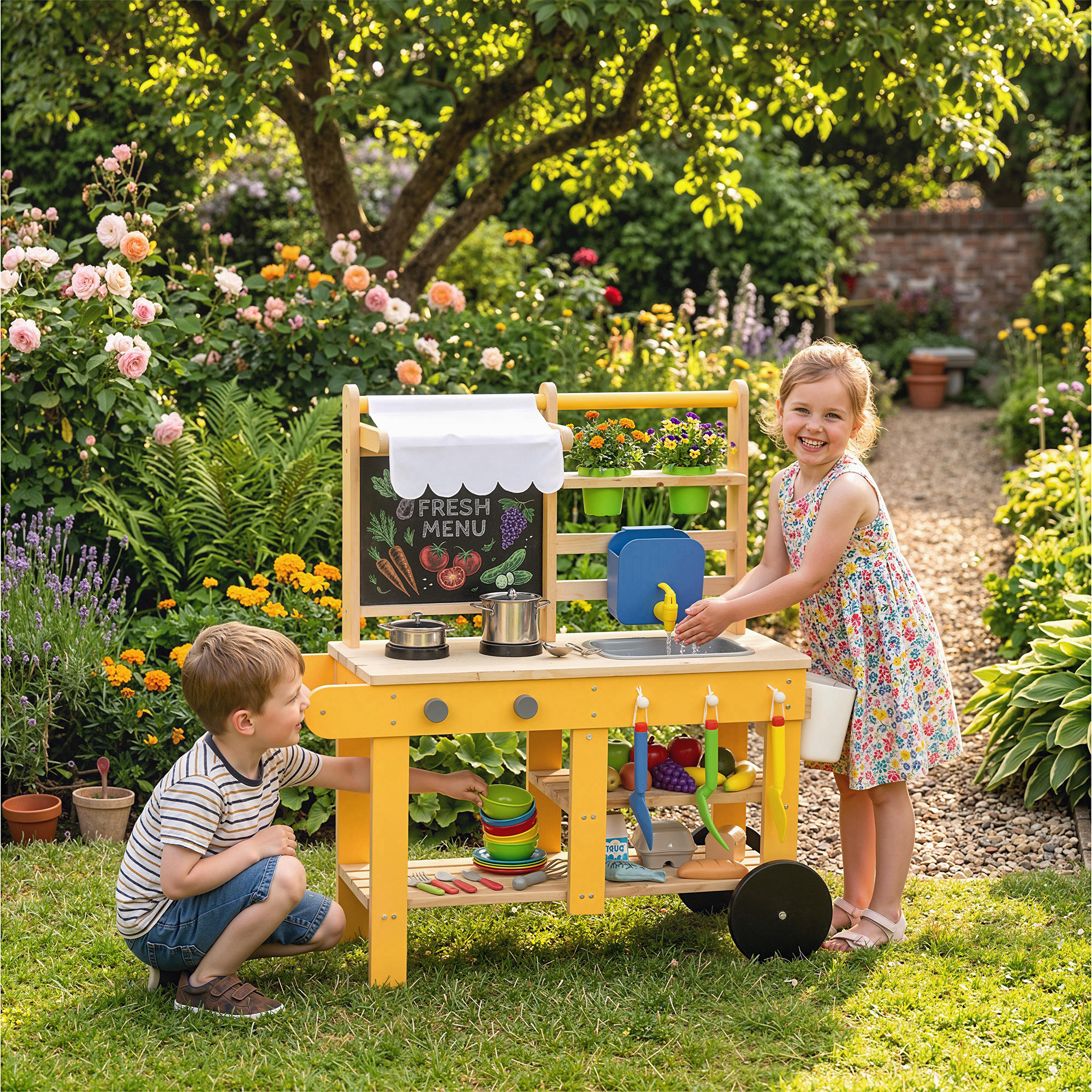 Aiyaplay Cucina in Legno per Bambini con 15 Accessori, Cucina Giocattolo per Bambini, Gialla   Aosom Italy