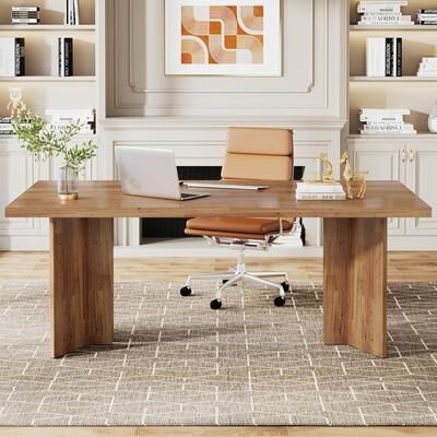Jiallo "63"" Farmhouse Executive Desk Vintage Wood Computer Workstation Walnut Brown Finish"