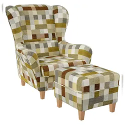 Supellex Sofia Ohrensessel mit Hocker | Design kariert Beige-Ocker