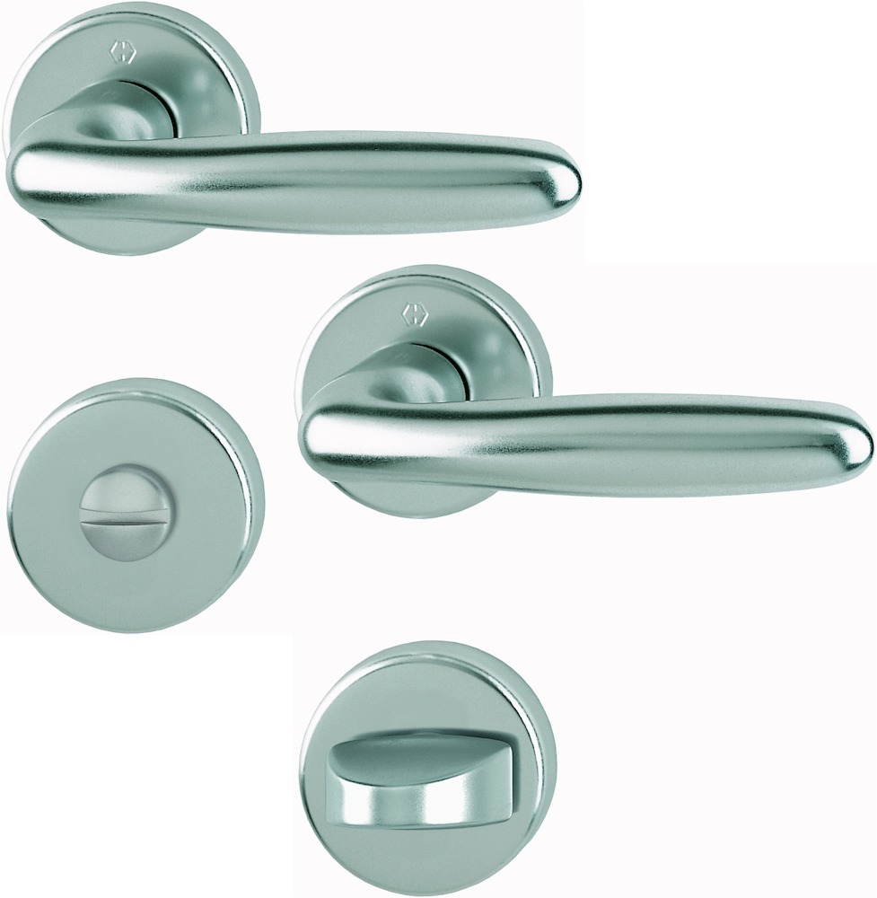 HOPPE Drückergarnitur Verona 1510/42KB/42KBS, Rosette, rund, WC Schlitzkopf, Vierkant 8mm, Riegel-Vierkant 5mm,Türstärke 37-42mm, mit Stütznocken, stahlfarbig eloxiert 11908610