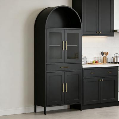 Garvee 73'' Modern Bookcase, Metal Kitchen Pantry with Drawer & 2 Adjustable Shelves, Arched Cabinet with Glass Doors