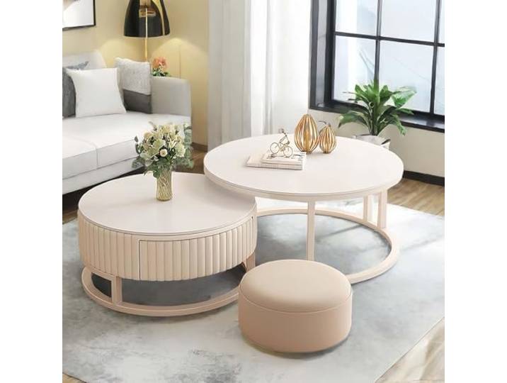 MDXVRKYBC WeiB Couchtisch Rund 2er Set Wohnzimmertisch Rund Sofatisch Kaffeetisch Satztische 50+70cm Hochglänzende Tischplatte Für Wohnzimmer Balkon Büro