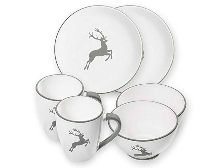 GMUNDNER KERAMIK Hüttenfrühstück Cup für 2 Geschirrset 6-teilig Grauer Hirsch Geschirr, handgemacht in Österreich