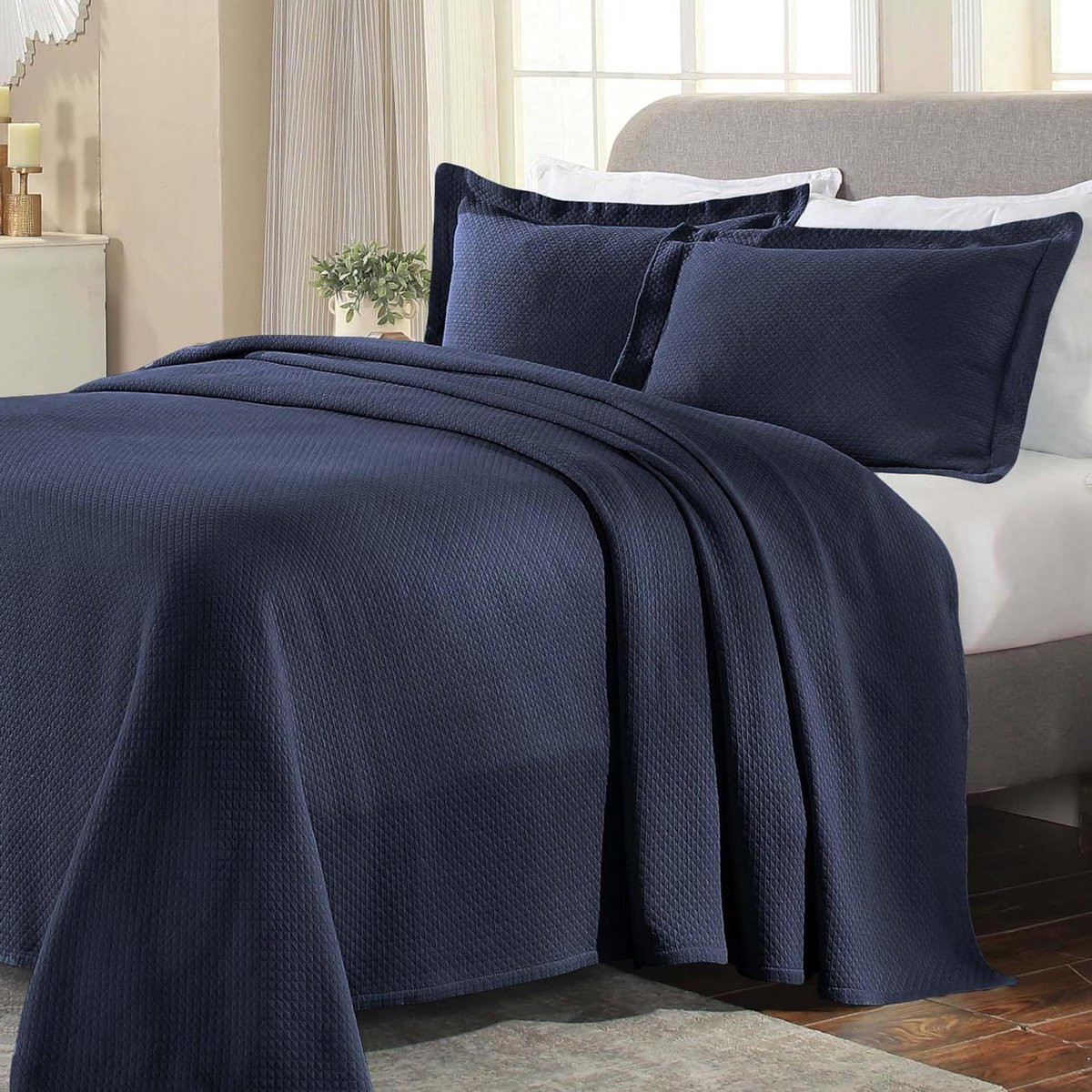 2-delige katoenen bedset met jacquard geweven deken en kussen in marineblauw
