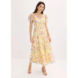 bonprix Spitzenkleid mit floraler Stickerei, gelb, Gr.50, Traumhaftes Midikleid mit ausgestelltem Rock und floraler Stickerei