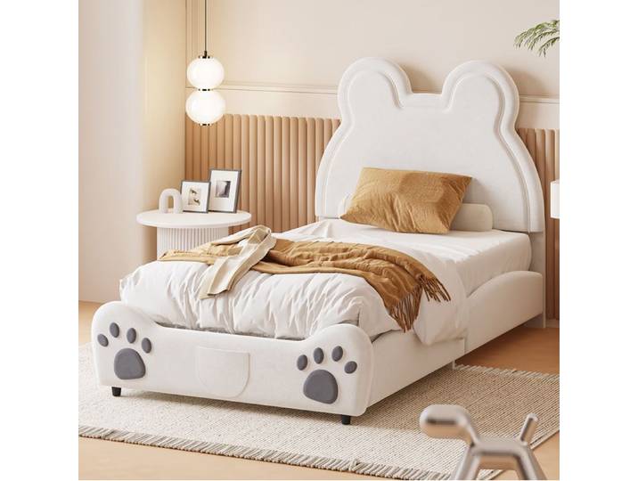 Lit enfant rembourré 90 x 200 cm SENVIRO en forme d ours doux et ludique blanc