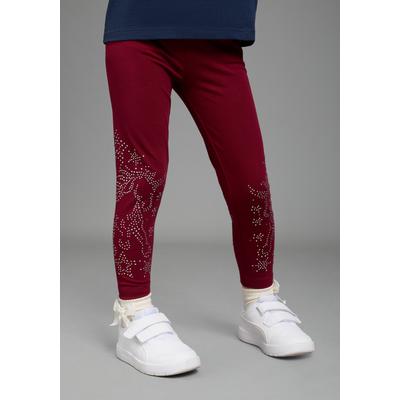 Leggings KIDSWORLD "Glitzernde Leggings mit Strass besetzt: GLITZER PFERD", Mädchen, Gr. 104/110, N-Gr, rot (bordeaux), Jersey, Obermaterial: 95% Baumwolle, 5% Elasthan, unifarben, eng lang, Hosen Leggings, Mit Glitzer Pferd verziehrt