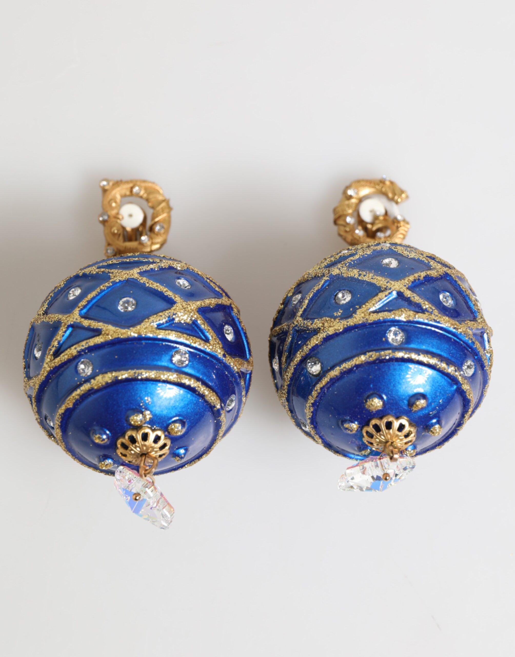 Goldene Messing Blaue Weihnachtsball Kristall Tropfen Clip-On Ohrringe