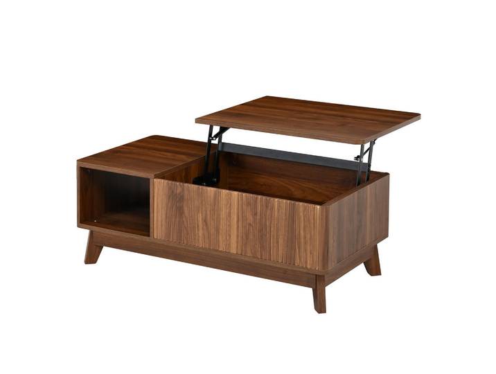Urban Meuble Couchtisch holzoptik & 3d-wellen-design mit lift-funktion & verstecktem stauraum, Walnussfarben, Rechteckig, 95x50x48 cm, Wohnzimmer, Wohnzimmertische, Couchtische
