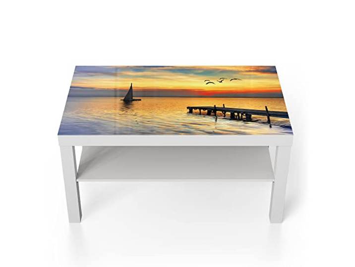 DEQORI Glastisch weiß groß 90x50 cm Motiv Abendidylle am See ausgefallener Beistelltisch aus Glas Hochglanz Couchtisch fürs Wohnzimmer moderner Couch Tisch mit Design