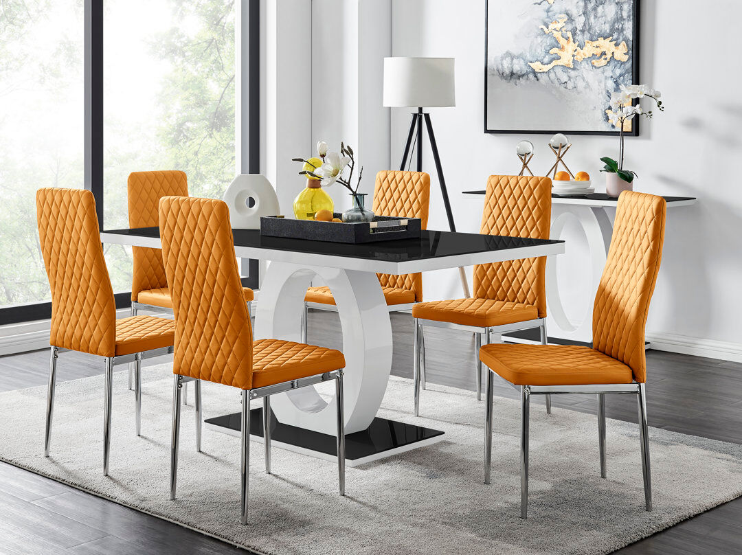 Mercury Carennac Modern High Gloss & Glass Dining Table with 6 Luxury Faux Leather Chairs Mustard/Silver 6