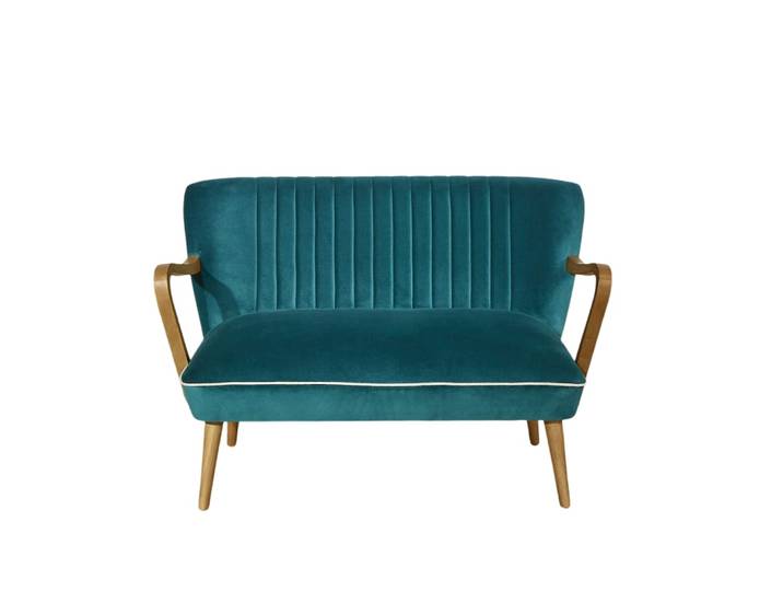 Banquette style scandinave, 2 places en hévéa et velours bleu canard