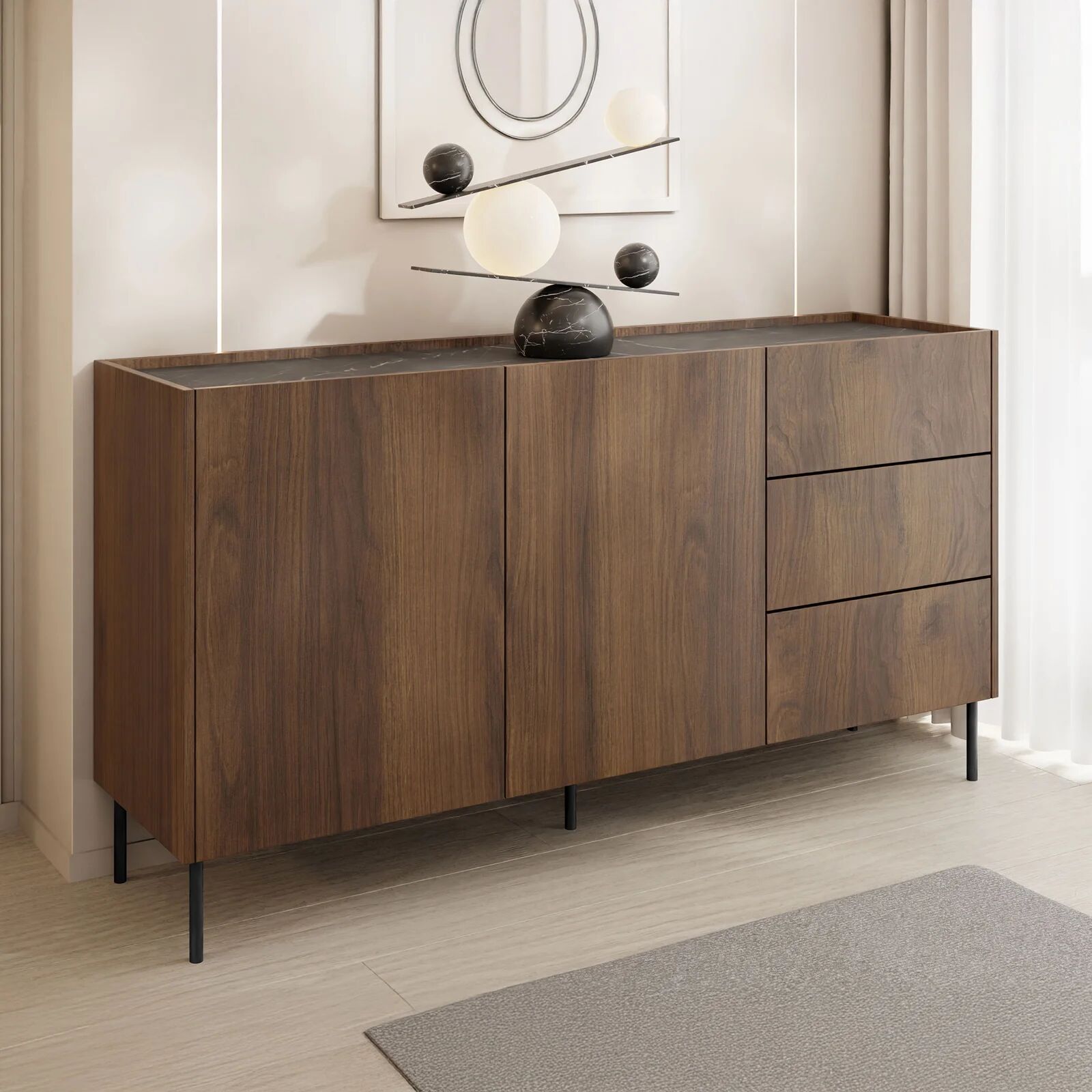 garneroarredamenti Madia 160x78h cm 2 ante 3 cassetti piano effetto marmo nero noce Caliva