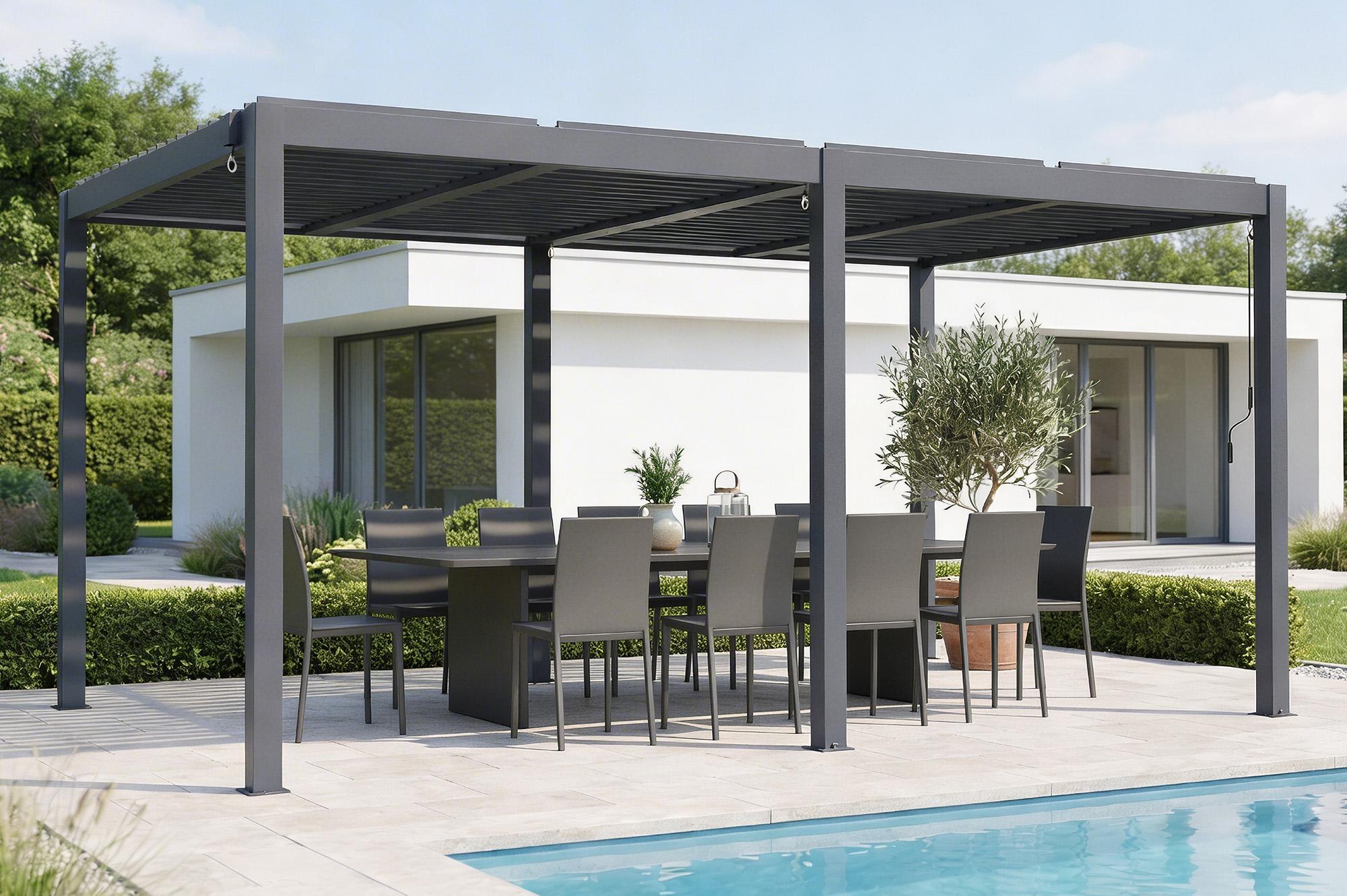 AGOSTA 5x3 freistehende, bioklimatische Pergola, 250 cm hoch - Graues Aluminium