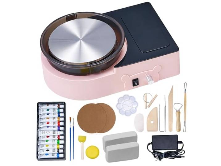 VEVOR Mini Tour de Potier Électrique\, Roue de Poterie avec Plateau Tournant 158 mm\, Rotation Avant et Arrière\, Vitesse Réglable\, avec Outils de Façonnage\, pour Artisanat\, Bricolage à Domicile\, Rose