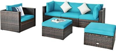Costway 6 Pcs Patio Rattan Furniture Set with Sectional Cushion-Turquoise
