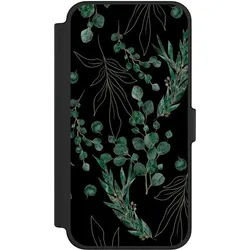 Nivocase Klapphülle für Apple iPhone 12 Pro Max Handyhülle aus Kunst Leder NIVOflip schwarz Blätter Natur (Apple iPhone 12 Pro Max), Smartphone Hülle, Schwarz