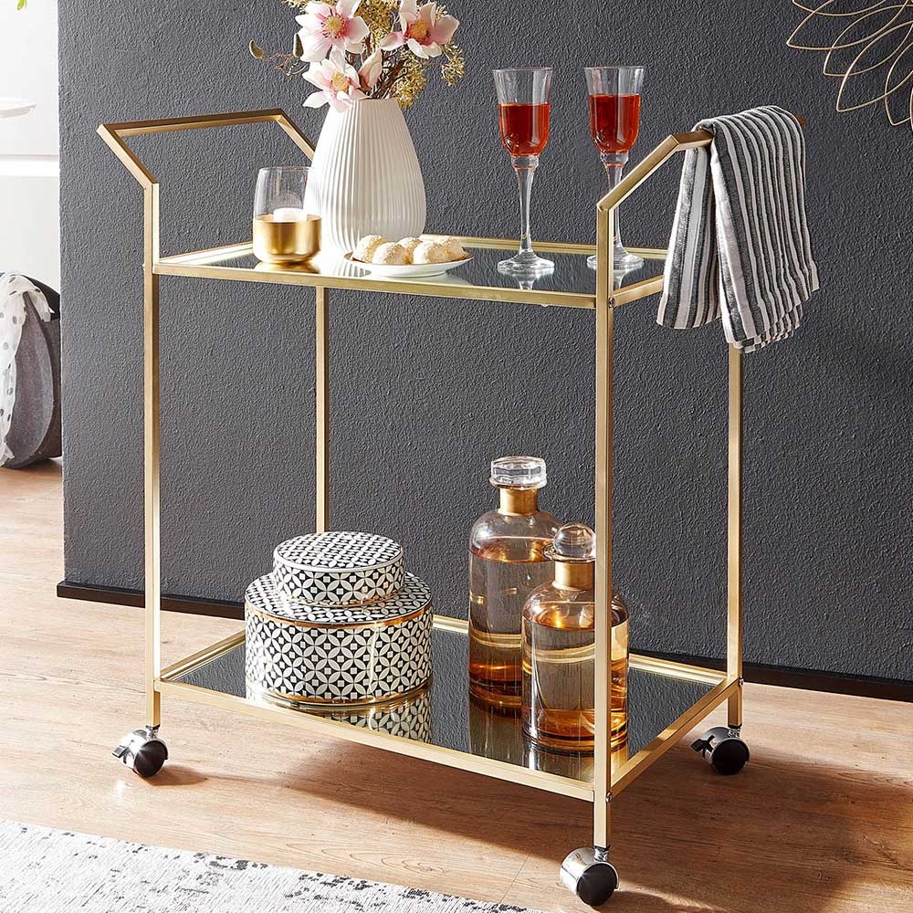 Pharao24.de Retro Servierwagen mit Spiegelglasplatten Gestell in Goldfarben