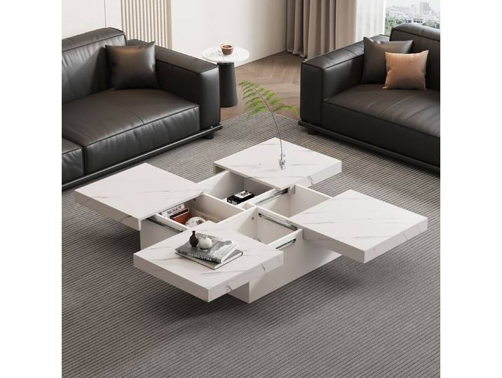 Table basse carrée blanche moderne avec 4 tiroirs avec aspect marbre 90x90x25cm plateau coulissant Capacité de charge jusqu'à 30 kg