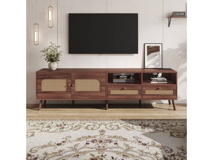 Meuble TV - KOMHTOM - 200x37x49.5 cm - 2 portes rotin - 2 tiroirs - Pour TV 80 pouces