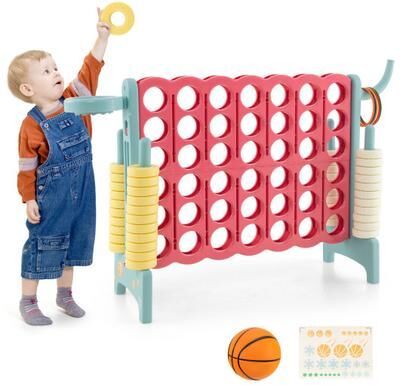 Costway 4-in-a-Row Connect Game with Basketball Hoop and Toss Ring-Blue