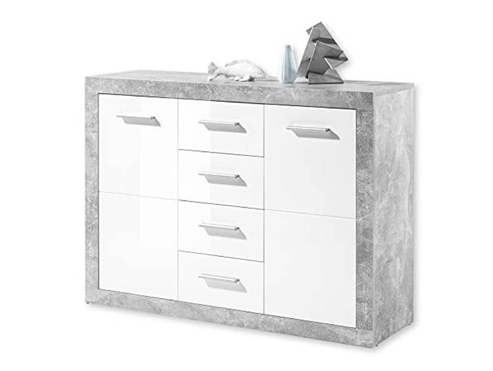 STONE Kommode mit Schubladen in Beton Optik, Weiß Hochglanz - Moderne Kommode mit viel Stauraum für Ihren Wohnbereich