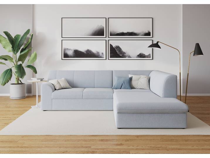 Ecksofa, Chenille, Pastellblau 237×200 cm, Mit Ottomane & Bettfunktion, Klassisch, Domo-Collection