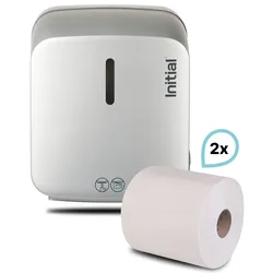 SET: Papierrollenspender Signature ShortCut SENSOR, berührungslos, weiß u. Silber +2Premium Handtuchrollen, Rentokil INITIAL