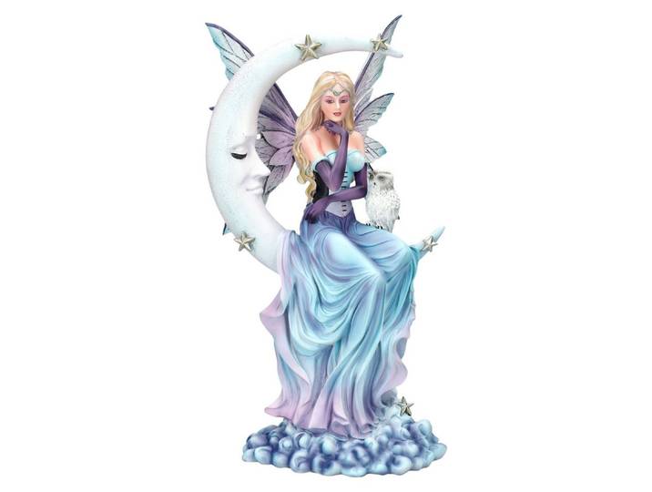 Figuren Shop GmbH Fantasy-Figur Elfenfigur - Wächterin der Träume auf Mond - Feefigur Dekoration Eule