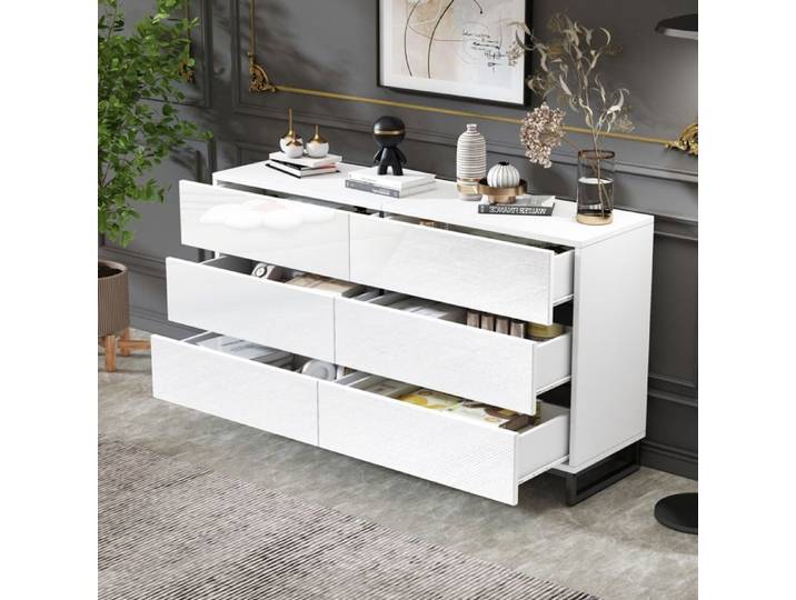 Bladez - Buffet brillant 140x39 5x78 5 cm avec 6 tiroirs design moderne pour salons et salles à manger - blanc