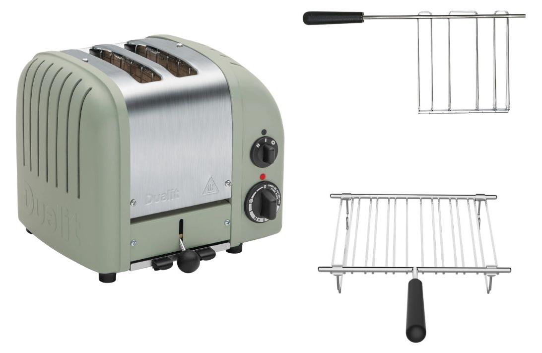 Dualit Toaster Paket 2, 2er Toaster mit Brötchenaufsatz und Sandwichzange Sage Green