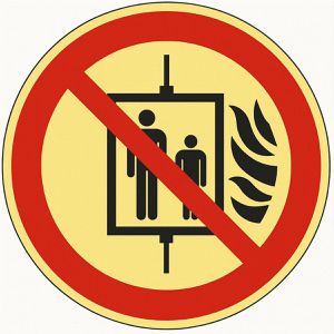 Abtec Hinweisschild ISO 7010 P020, Kunststoff, Ø 20 cm, nachleuchtend, Aufzug im Brandfall
