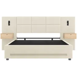 MODFU Polsterbett Velours Beige 180x200 cm mit Stauraum-Kopfteil, USB-C, hydraulischem Bettkasten und LED-Beleuchtung