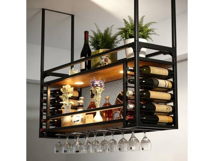 Gpbmn 140cm 2-Lagiger hängender Metall Weinregal mit LED Industrieller Weinregal Wand, Bar Liquor Aufbewahrungsregal, für Bar, Café, Küche